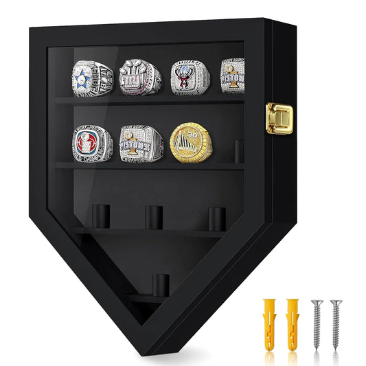 Wooden Championship Ring Display Case: 12 Ring Posts Sports Ring Display Case - Sport Ring Box Wall Ring Display for Baseball Football Softball Award Rings (12)