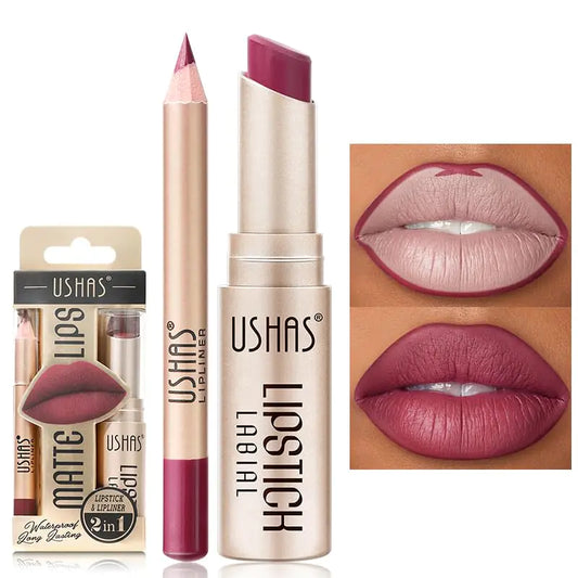 USHAS Lipstick and Lip Liner Combo Set 2 in 1 Waterproof Lipstick for Women Lip liner Set Long Lasting Lipstick Matte Lipstick Pen with Lip Liner Set Makeup Kits (G2 Pack of 1)