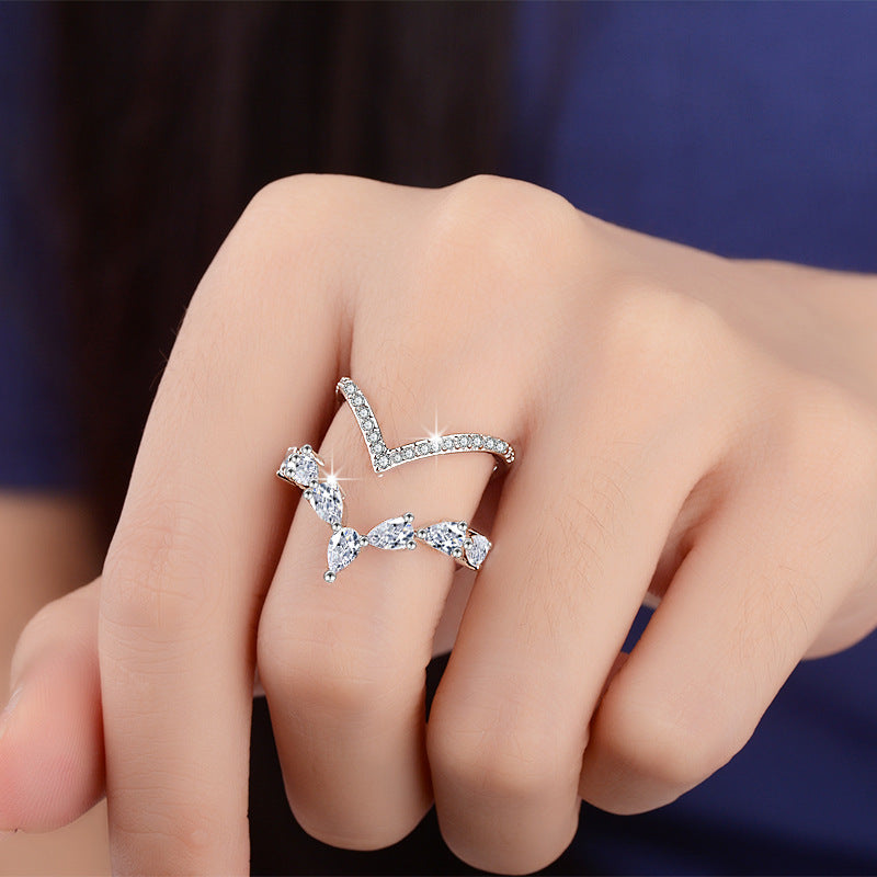 925 Sterling Silver Double Layer Zircon Ring – Adjustable Sparkling Band for Women