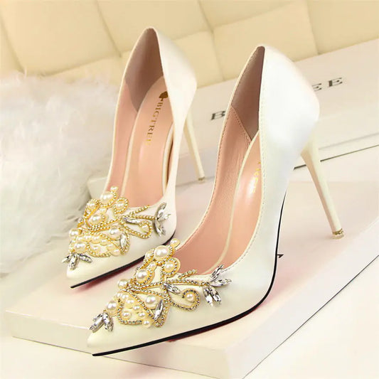 Elegant Satin Pointed-Toe High Heels with Pearls