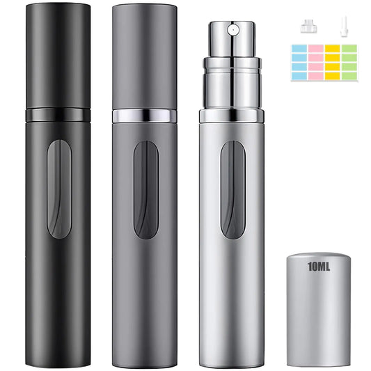 Squway 3PC 10ml Travel Perfume Bottle Refillable Atomizer Sprayer for PerfumeFragrance Scent Pump Fill from BottomTravel Sprayer Perfume for Women Men Gift (Black Grey Silver)