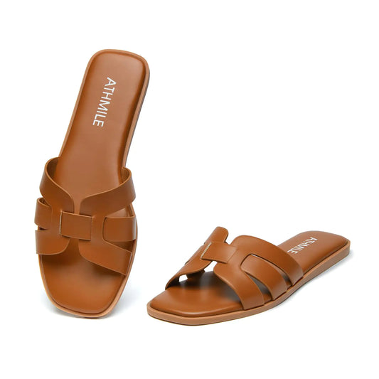 ATHMILE Womens Sandals Dressy Summer Flat Beach Comfortable Cute Sandals for Women Slides Casual Dress Sandal 2024 Brown Size 9