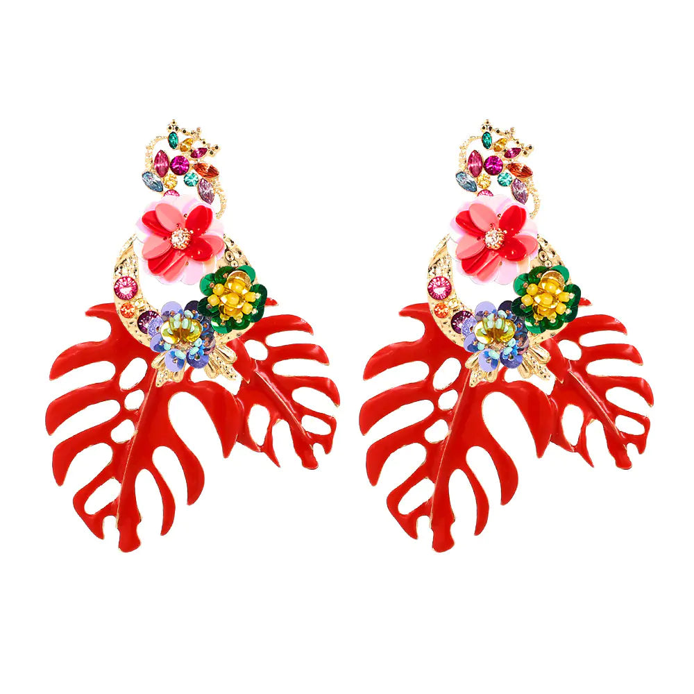 Exaggerated Flower Leaf Earrings with Rhinestones
