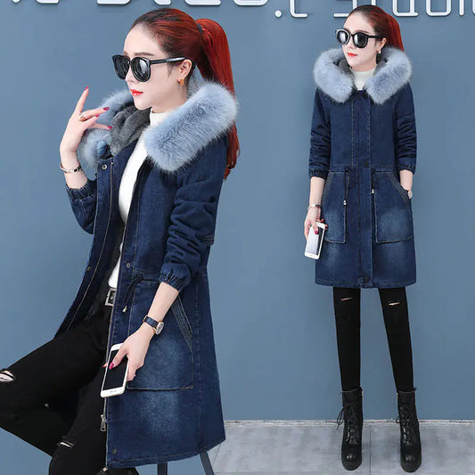 Plus Size Velvet Thick Mid-Length Denim Jacket for Women