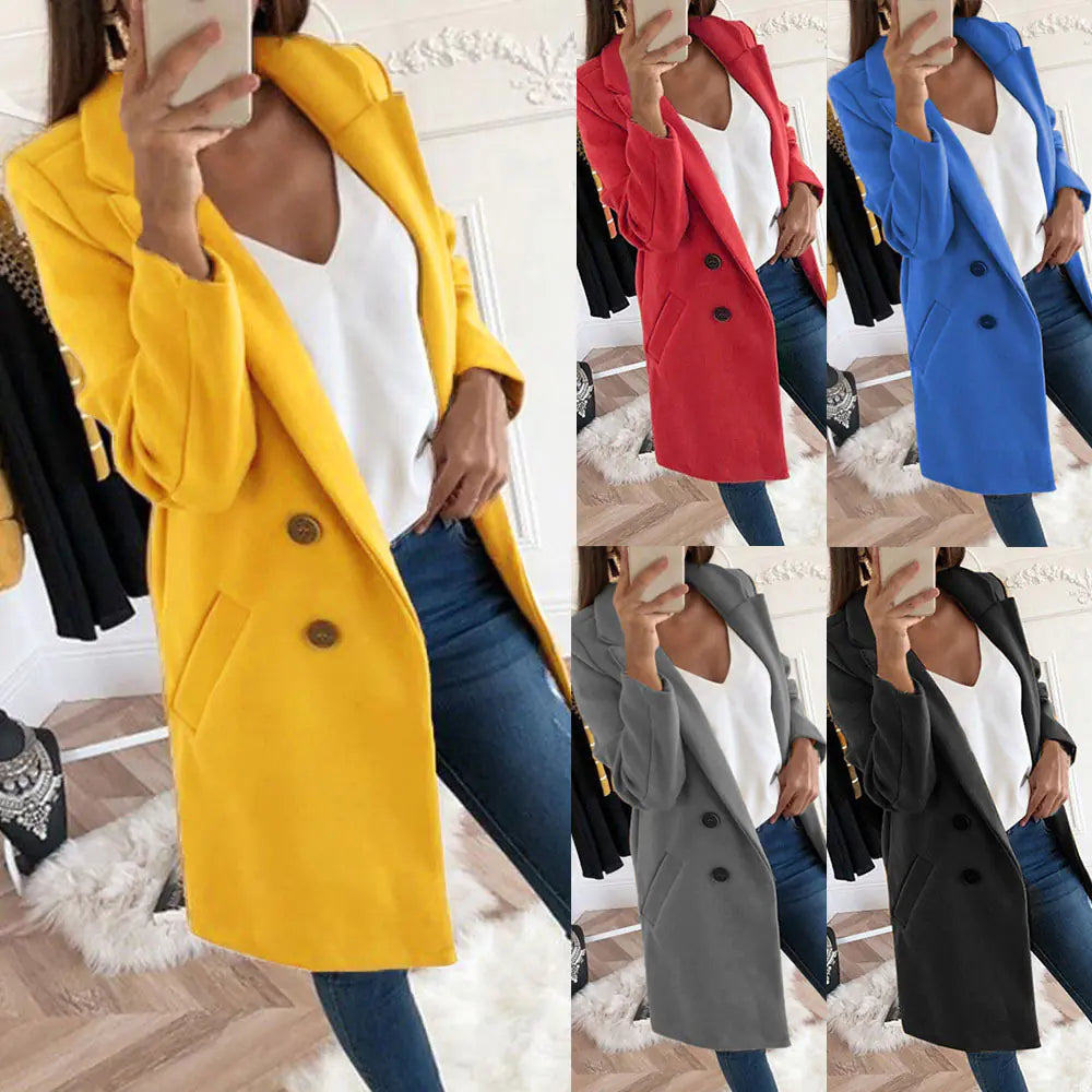 Elegant Long Wool Blend Coat with Buttons for Women