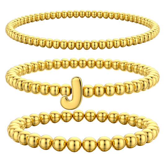 Kenivira Gold Beaded Bracelets for Women Stackable Gold Initial Bracelets for Women Non Tarnish 14K Real Gold Plated Stretch Bead Ball Waterproof Bracelet with Letter J Bracelets