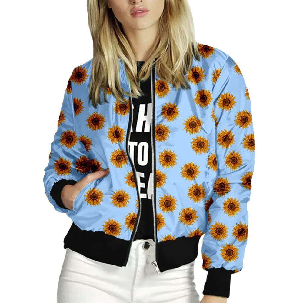 Floral Women’s Bomber Jacket – Lightweight Long Sleeve Spring Summer Coat