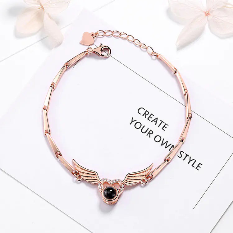 S925 Sterling Silver Angel Wings Projection Bracelet – Heart Charm with Custom Photo or Message