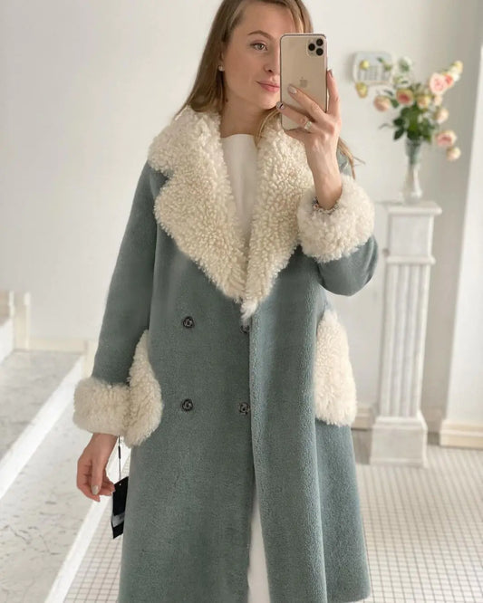 Lamb Wool Long Lapel Pocket Jacket for Women