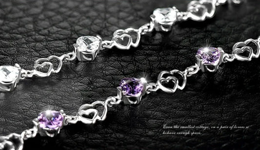 925 Sterling Silver Double Heart Bracelet with Amethyst – Romantic Crystal Jewelry for Women