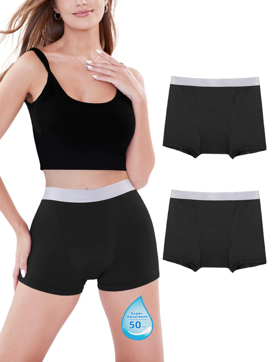 TIICHOO Period Underwear for Women Boyshort Heavy Flow Period Panties Sleep Period Shorts Menstural Underwear Leakproof Pack of 2 (3X-Large 2 Black)