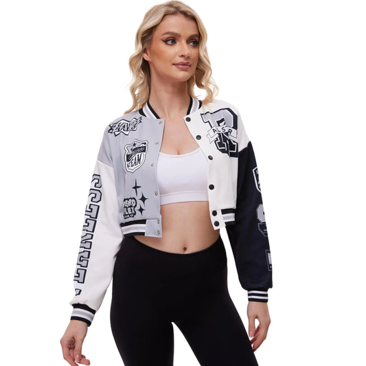 Women’s Cropped Baseball Jacket – Letter Print Color Block Varsity Bomber Coat