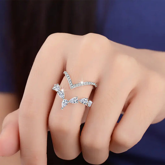 925 Sterling Silver Double Layer Zircon Ring – Adjustable Sparkling Band for Women