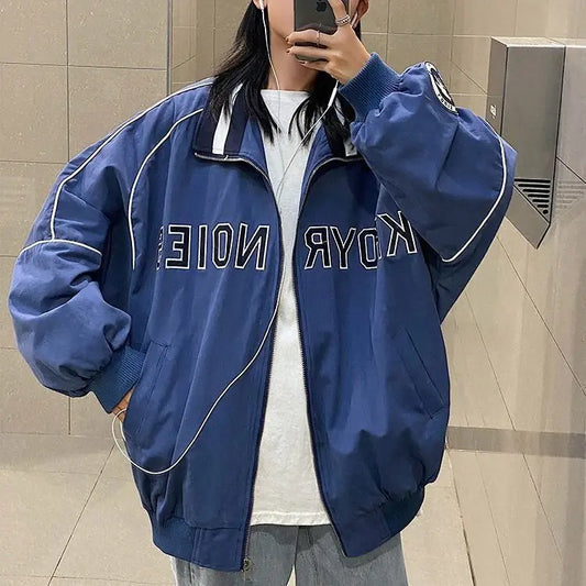 Loose Baseball Uniform Jacket for Women with Stand-up Collar