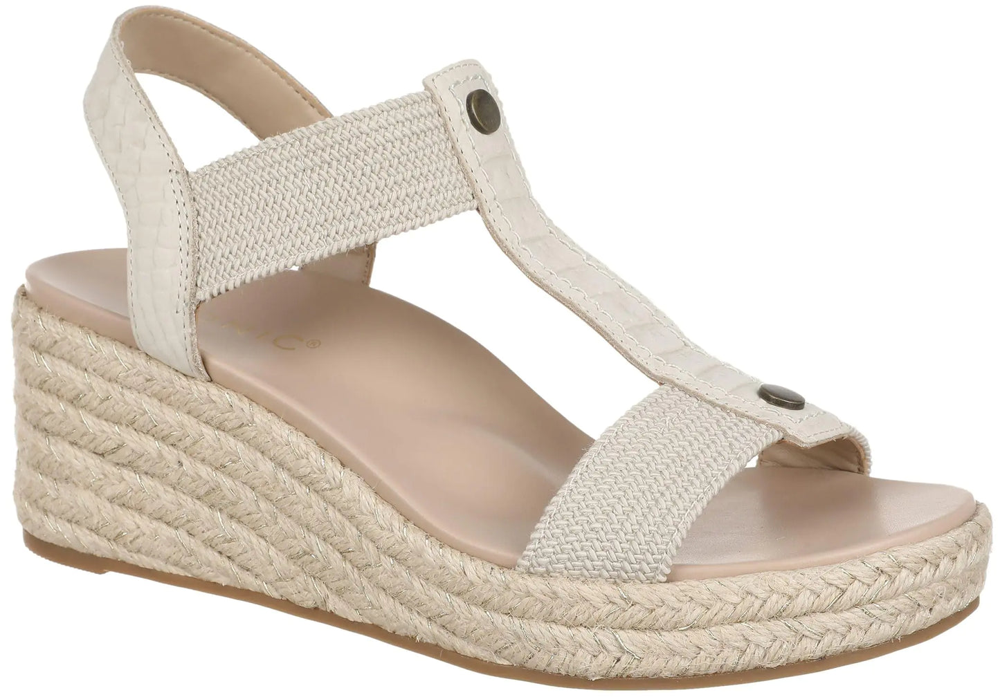 VIONIC Womens Calera Espadrille Wedge Sandal Cream Snake Leather/Fabric 7 Wide