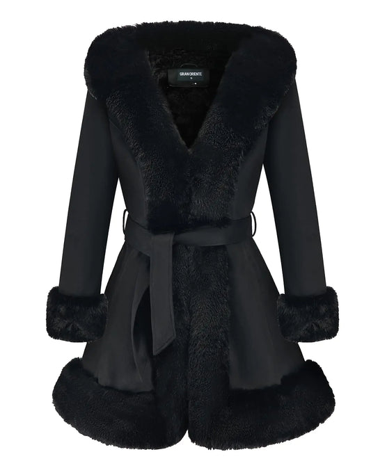 GRAN ORIENTE Black Suede Jacket for Women with Faux Fur CollarLong Sleeve Warm Winter Parka Coat with Belt Outerwear(056 Black L)