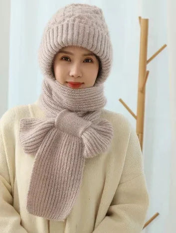 Women's Warm Thickened Woolen One-Piece Hat with Scarf