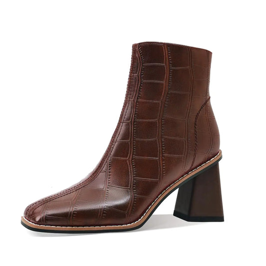 MOTIMODEN Womens Ankle Boots Zipper Chunky Mid Heel Boot Retro Square Pointed Toe Short Boots Heeled Shoes for Women Fall Winter Brown XYY-M2005BR