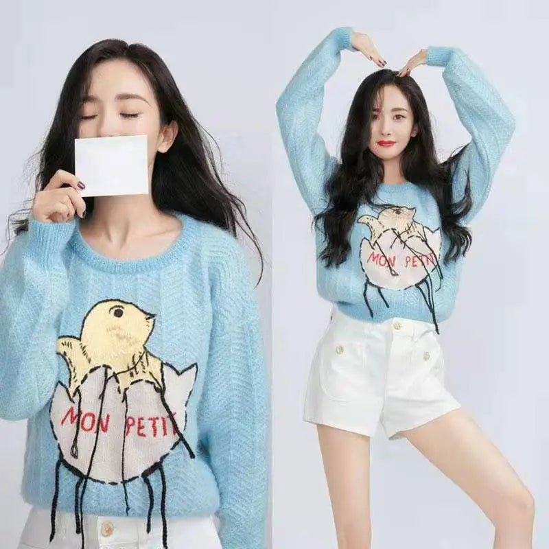 Blue Cartoon Knitted Jacket for Women - Spring Pullover