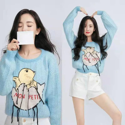 Blue Cartoon Knitted Jacket for Women - Spring Pullover