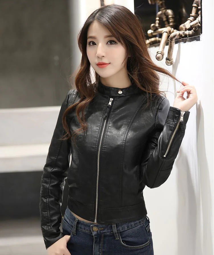 Slim Fit Long Sleeve Solid Color Leather Jacket for Women