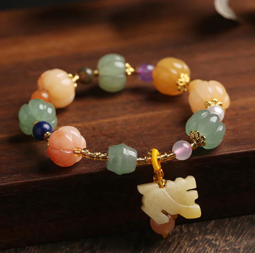 Natural Gold Filigree Jade Pumpkin Bead Bracelet