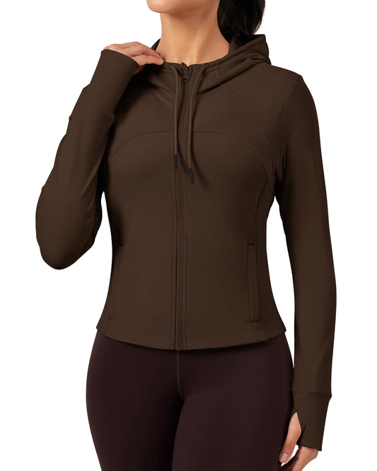 QUEENIEKE Hooded Workout Jacket for Women - Zip Up Athletic Running BBL Jacket Croped Tops with Back Mesh Vent & Thumb Holes (Toasted Brown Large)
