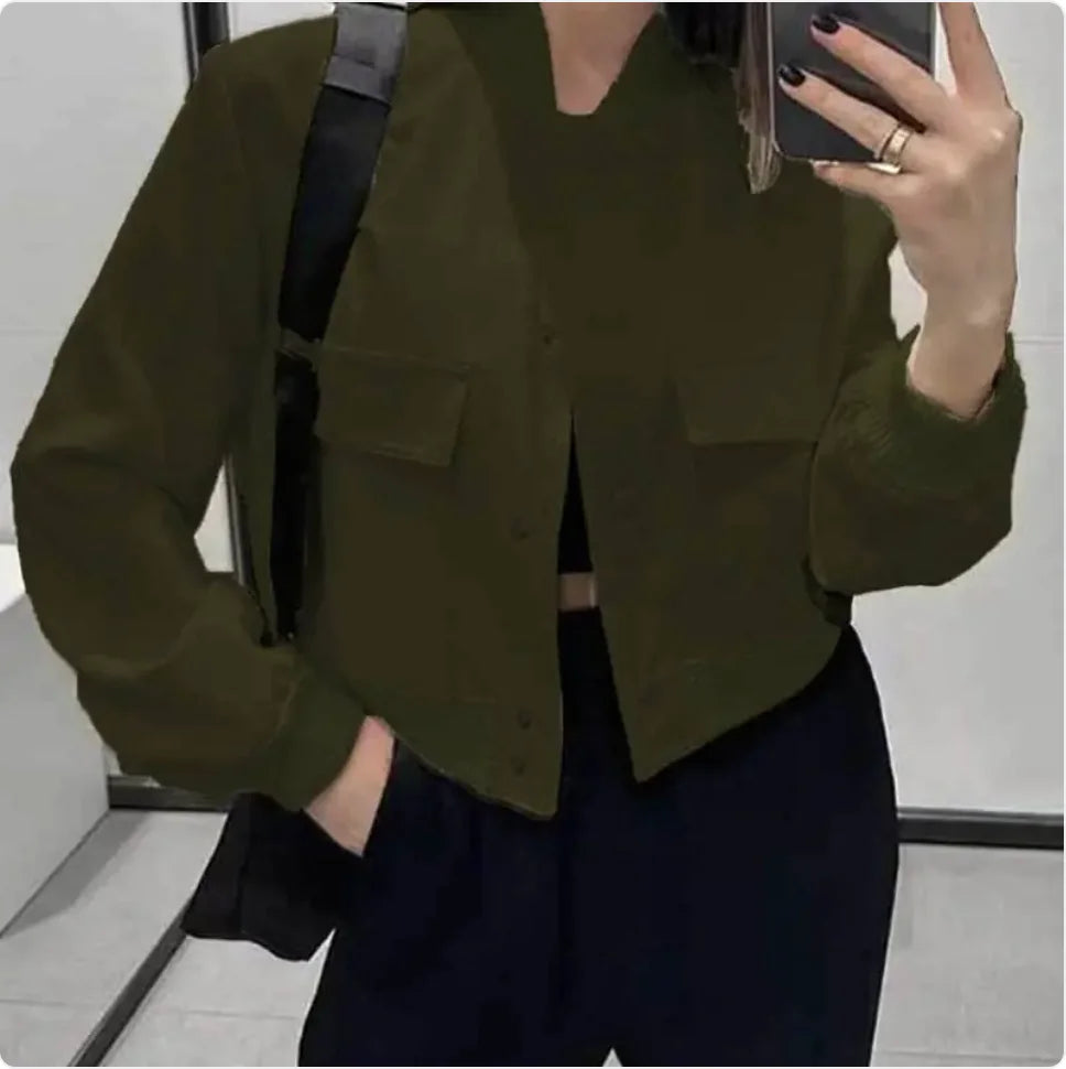 Women’s Loose Stand Collar Jacket – Short Casual Button Coat with Large Pockets