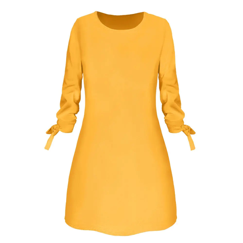Solid Color Casual Dress with O-Neck and Tie Detail