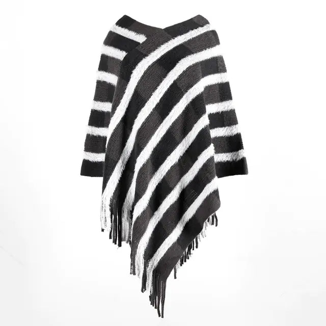 V-Neck Striped Fringe Shawl Knit Sweater Cape