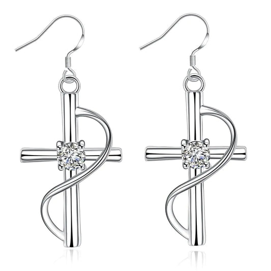 Women’s Cross Earrings with Diamonds – Elegant Long Drop Gold & Silver Jewelry
