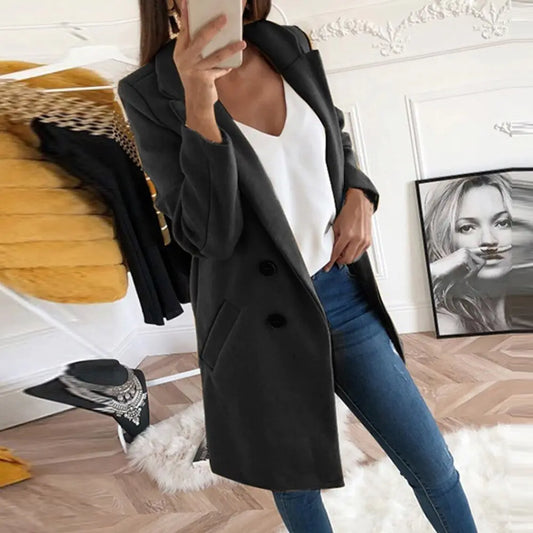 Elegant Long Wool Blend Coat with Buttons for Women