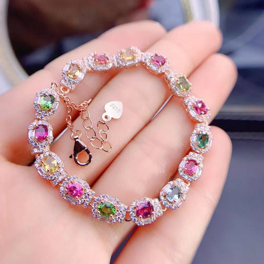 925 Sterling Silver Bracelet with Natural Tourmaline Inlay – Elegant Gemstone Jewelry for Women