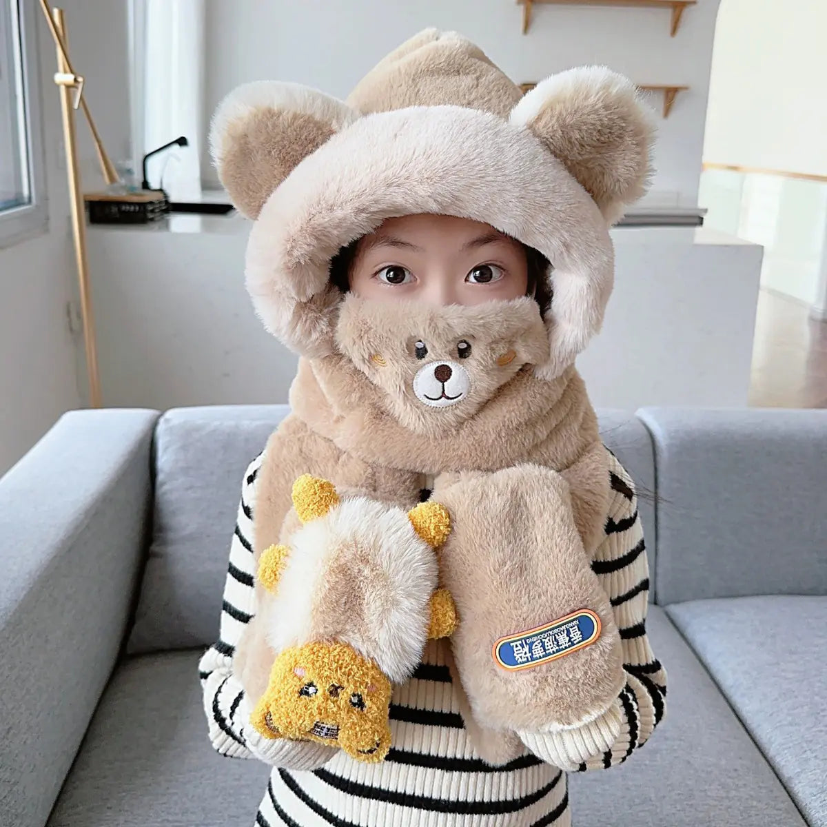 Children's One-Piece Hat with Scarf and Gloves Set