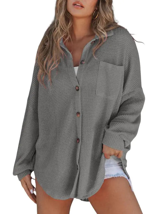 SHEWIN Spring Fashion for Women 2025 Long Sleeve Waffle Knit Shacket Jacket with Pocket Lightweigt V Neck Boyfriend Tops Button Up Shirts Womens Blouses Dressy Casual US 12-14(L) Gray
